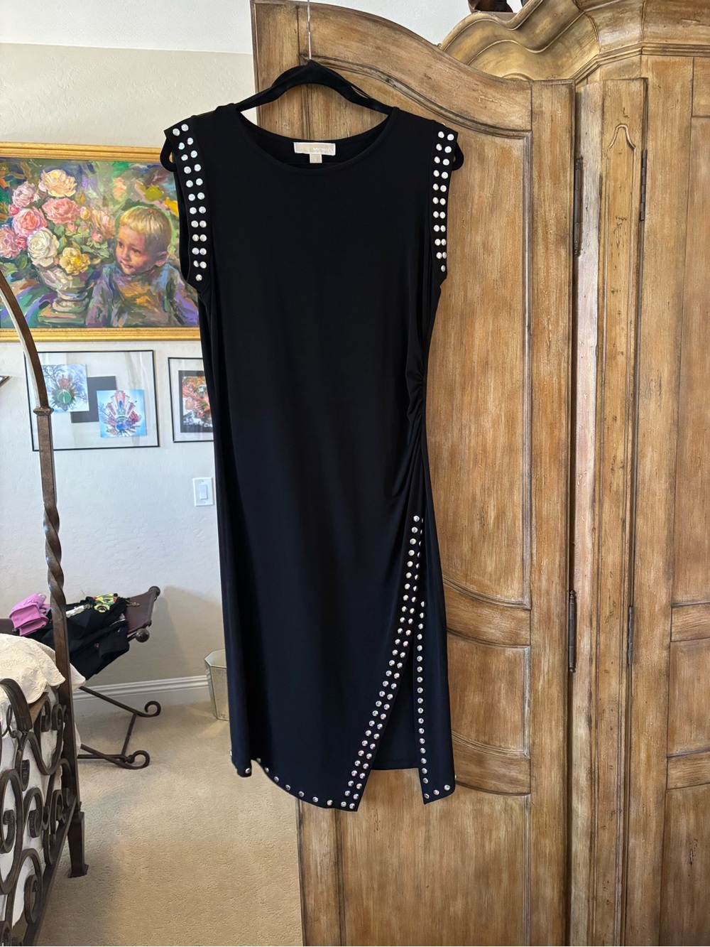 Michael Kors Black Midi Dress with Silver Stud Accents